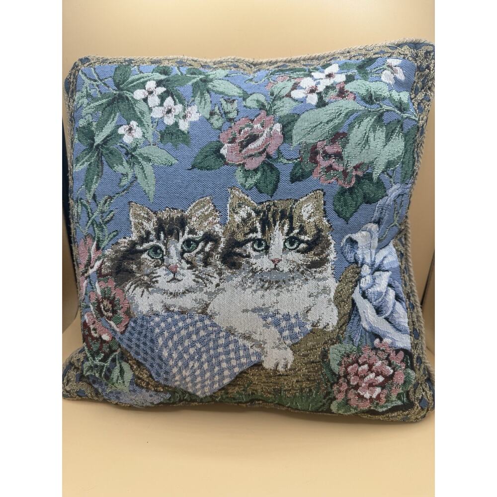 Vintage Cat Kitten Tapestry Throw Pillow Floral Cottagecore Needlepoint Style